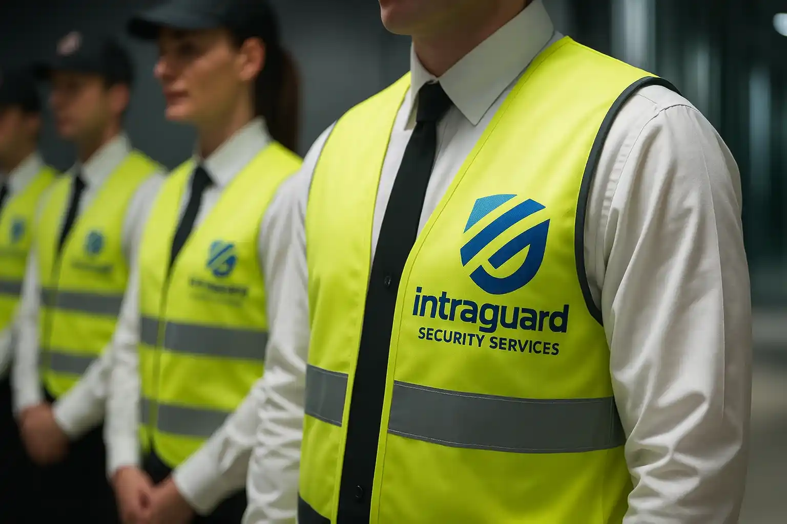 Uniformed security guard on duty outside a commercial premises, providing professional manned guarding services across the UK